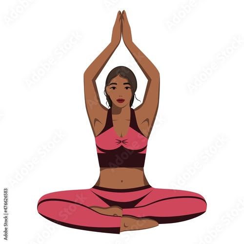 A young sports girl in the lotus position is engaged in yoga. Vector. Graphics. Design. Template for a web resource.