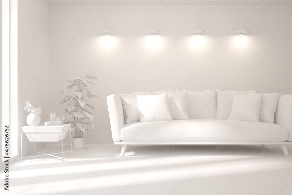 Mock up of minimalist living room in white color with sofa. Scandinavian interior design. 3D illustration Mock up of minimalist living room in white color with sofa. Scandinavian interior design. 3D illustration