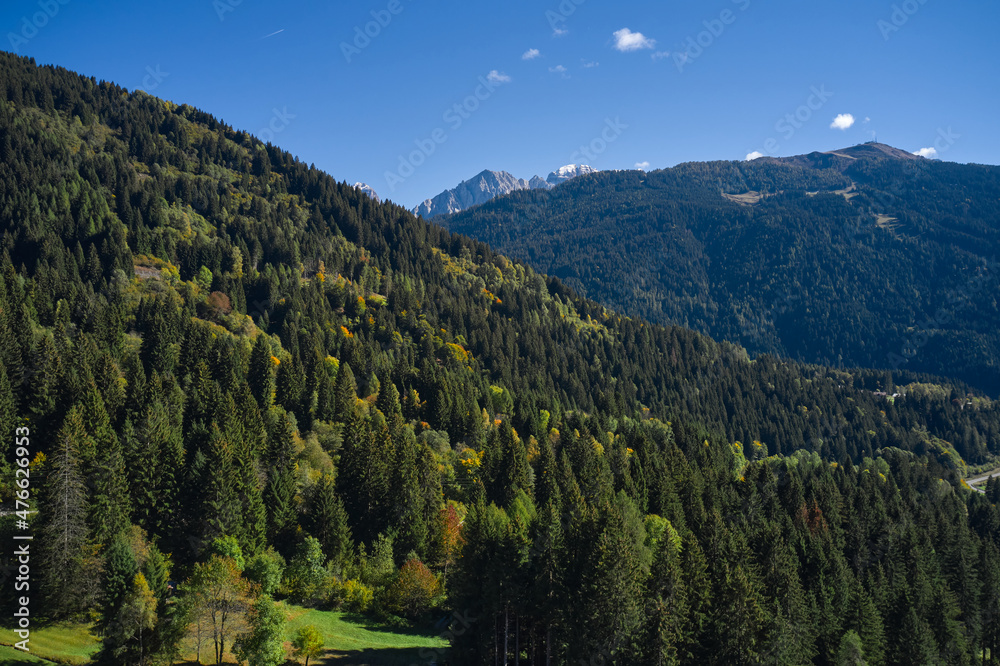 Autumn in the Italian Alps. Alps aerial view. Mountains in Europe top view. Forest plantations in the European Alps. Autumn in the mountains of Italy.