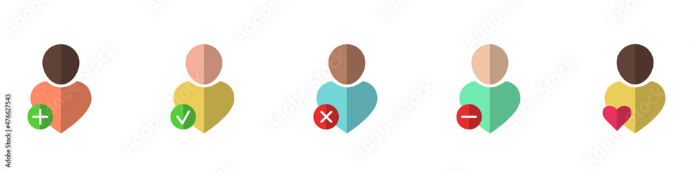 Web flat icons for mobile apps, websites, social network. Colorful icons for UI design. Contains such icons as add\remove friend, follow\unfollow user, like\block account. Vector illustration EPS 10 Web flat icons for mobile apps, websites, social network. Colorful icons for UI design. Contains such icons as add\remove friend, follow\unfollow user, like\block account. Vector illustration EPS 10