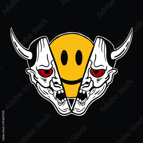 devil mask icon smile,hand drawn illustrations. for the design of clothes, jackets, posters, stickers, souvenirs etc