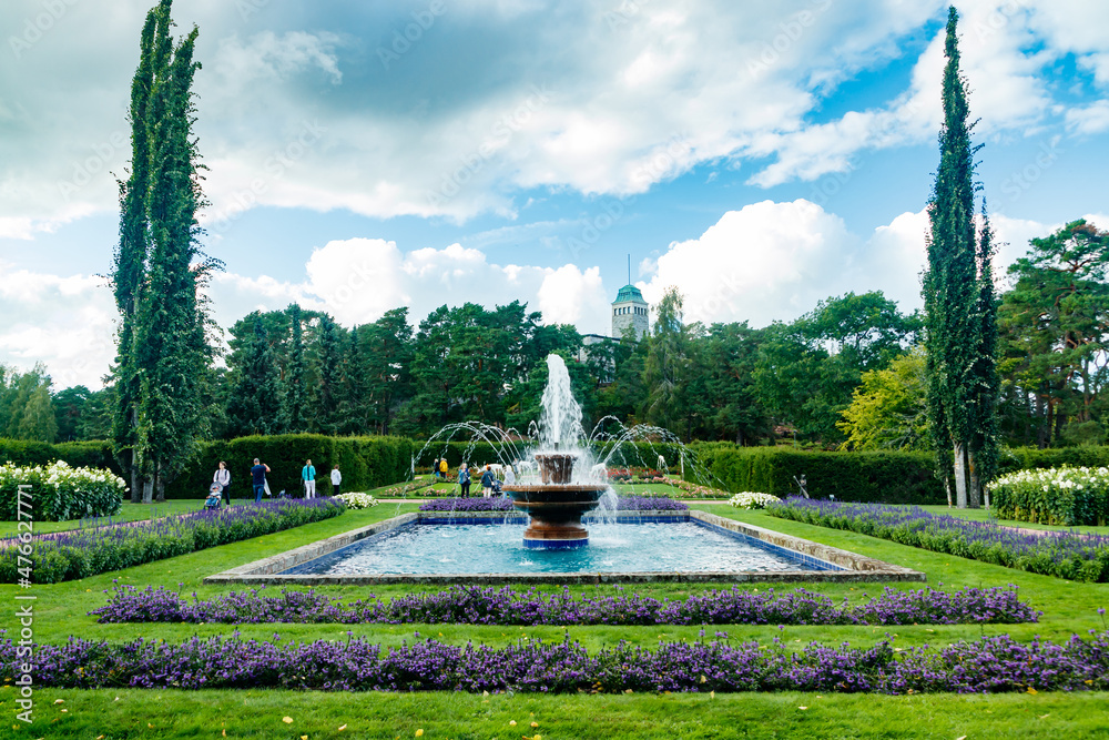 Naantali, Finland - 20 August 2021: Fountain in park of Kultaranta, the official summer residence of President of Finland.