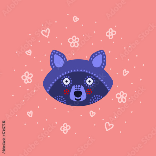 Head with expression of emotions of a funny raccoon in cartoon style isolated on a colored background.