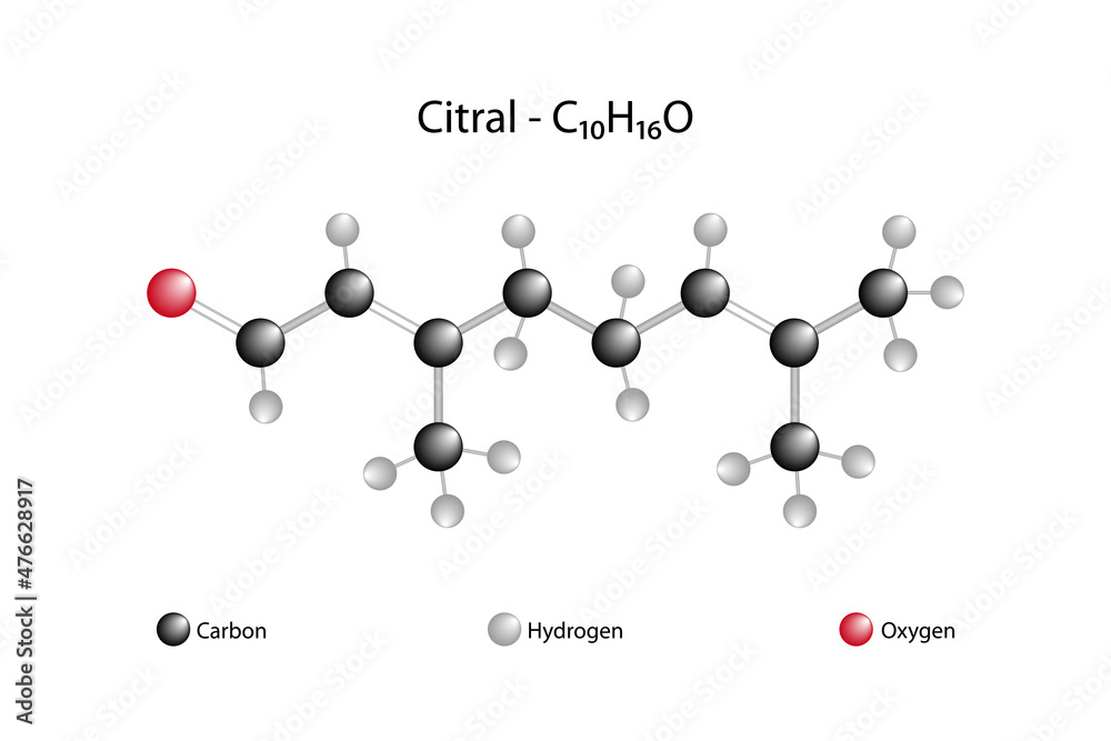 Molecular formula and chemical structure of citral.