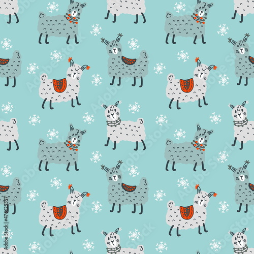 Hand drawn winter seamless pattern of lamas and snowflakes. Perfect for T-shirt, textile and print. Doodle illustration for decor and design.