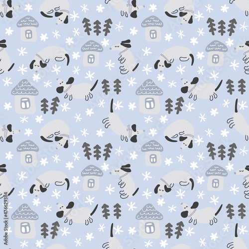 Hand drawn Christmas seamless pattern with dachshunds, houses and trees. Perfect for T-shirt, postcard, textile and print. Doodle illustration for decor and design.