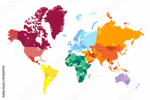Fototapeta Naklejka Na Ścianę i Meble -  Colorful world map. World map divided into six continents isolated on white background. Vector stock