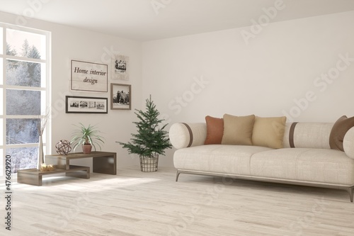 White living room with sofa and winter landscape in window. Scandinavian interior design. 3D illustration