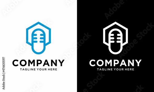 Mic Hexagon, Modern Microphone logo for Speech Radio Podcast Broadcast Karaoke Studio Record business. on a black and white background.
