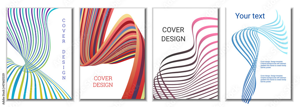 A set of 4 abstract covers. Wavy parallel gradient lines, ribbons evolve. Cover design, background. Trendy banner, poster. A set of 4 abstract covers. Wavy parallel gradient lines, ribbons evolve. Cover design, background. Trendy banner, poster.