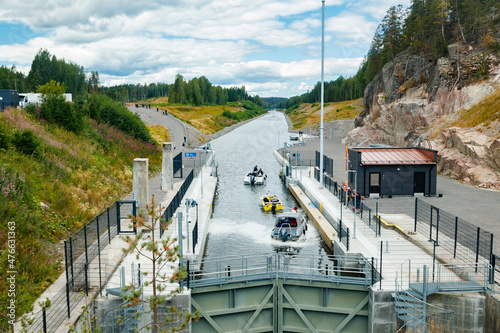 Kouvola, Finland - 5 August 2021: Kimola Canal between lakes. Gateway is open for boats going though.
