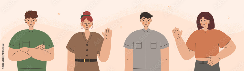 Business topics - crew, our team - web template, header. Flat style modern outlined vector concept illustration. Group of people, creaw, standing together. Business metaphor. Business topics - crew, our team - web template, header. Flat style modern outlined vector concept illustration. Group of people, creaw, standing together. Business metaphor.