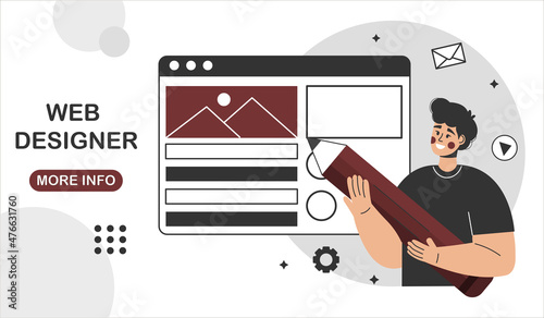 Designer drawing scetch in vector programm with big pencil. Charcter illustration for design online classes or seminar banner, ads, landing page, application.