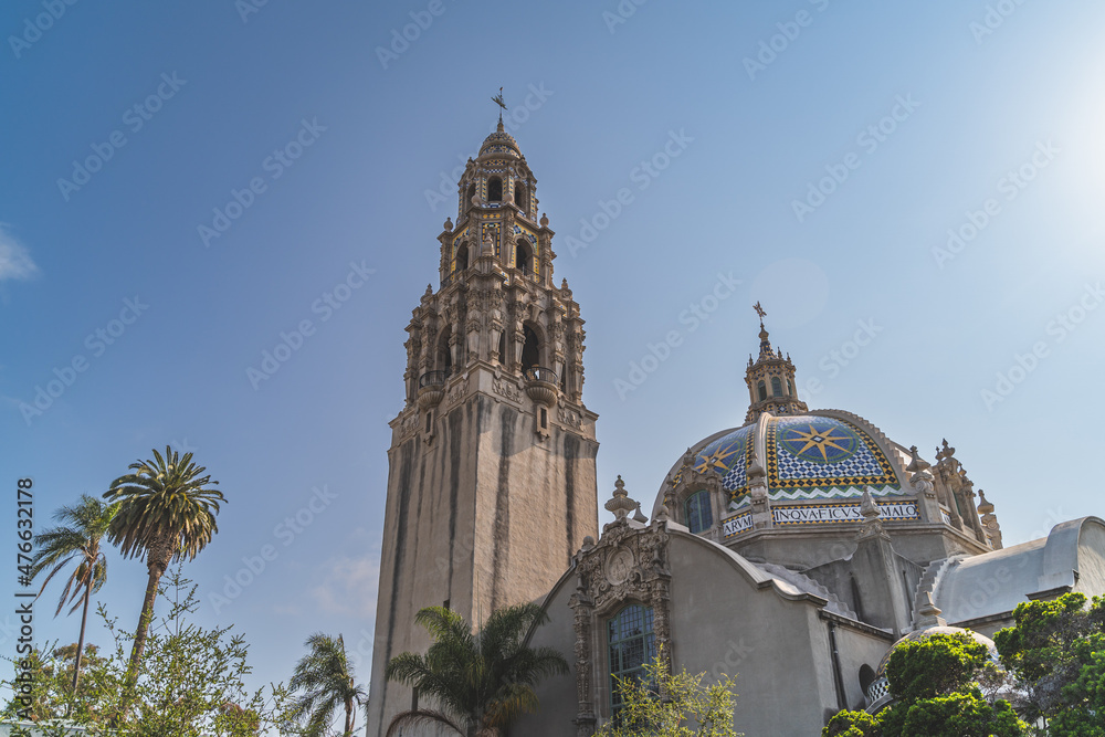View of ornate California tower and dome of Museum of Man Balboa Park San Diego