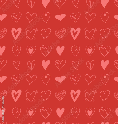 Vector seamless pattern with cute various hand drawn simple hearts doodle on red background. Romantic Valentines day backdrop, wallpaper design