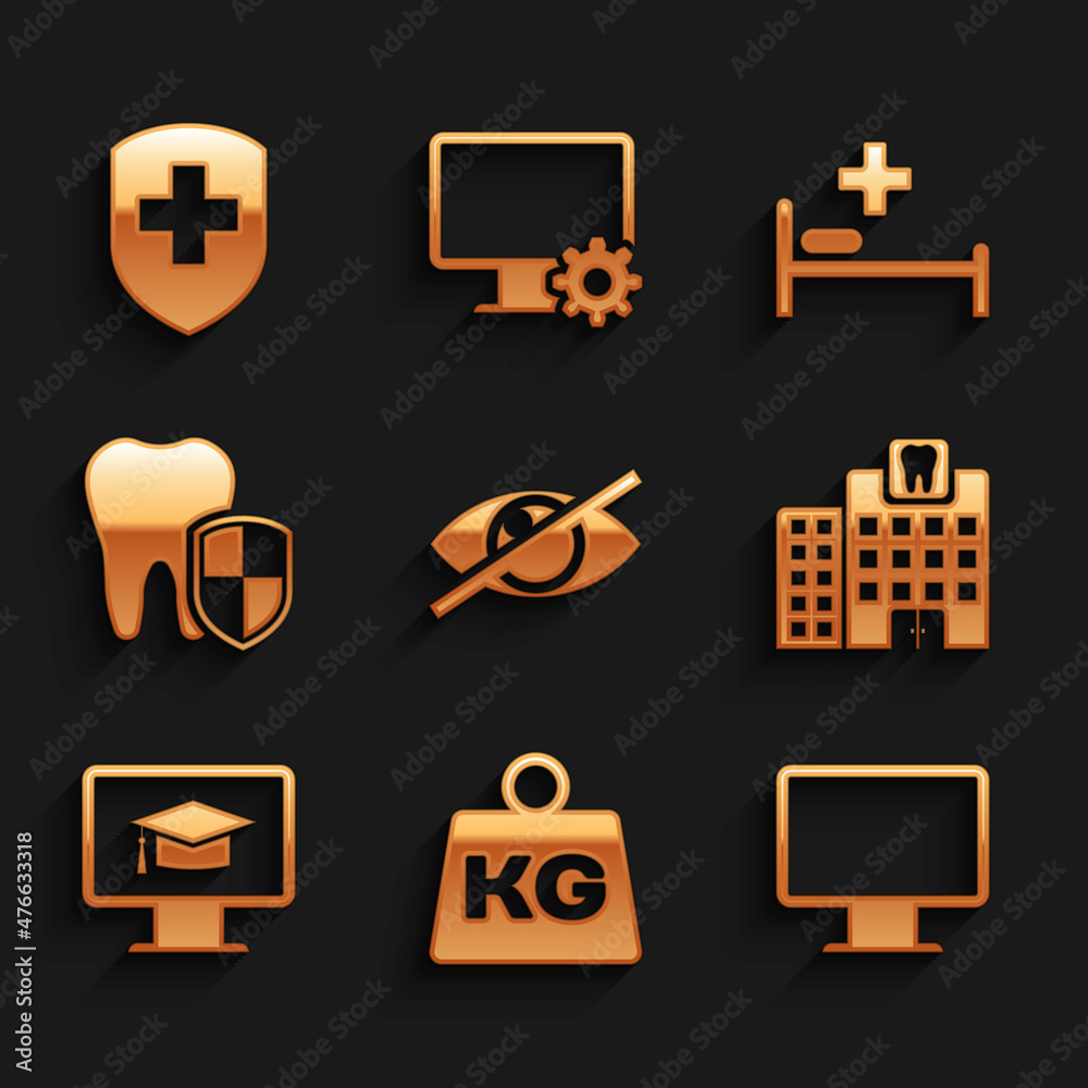 Set Invisible or hide, Weight, Computer monitor screen, Dental clinic, Monitor with graduation cap and protection icon. Vector Set Invisible or hide, Weight, Computer monitor screen, Dental clinic, Monitor with graduation cap and protection icon. Vector