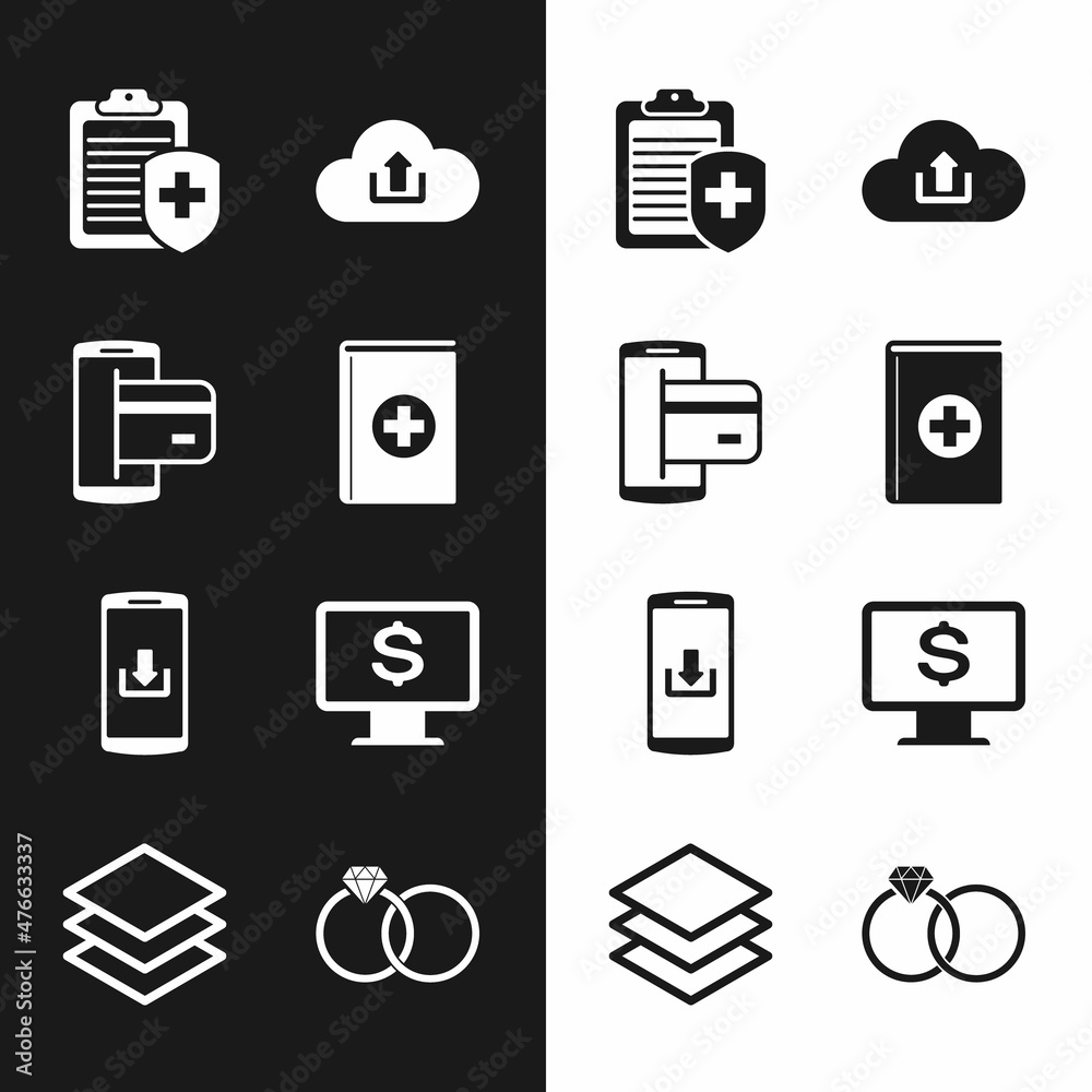 Set Medical book, NFC Payment, Clipboard with medical insurance, Cloud upload, Smartphone download and Monitor dollar icon. Vector Set Medical book, NFC Payment, Clipboard with medical insurance, Cloud upload, Smartphone download and Monitor dollar icon. Vector