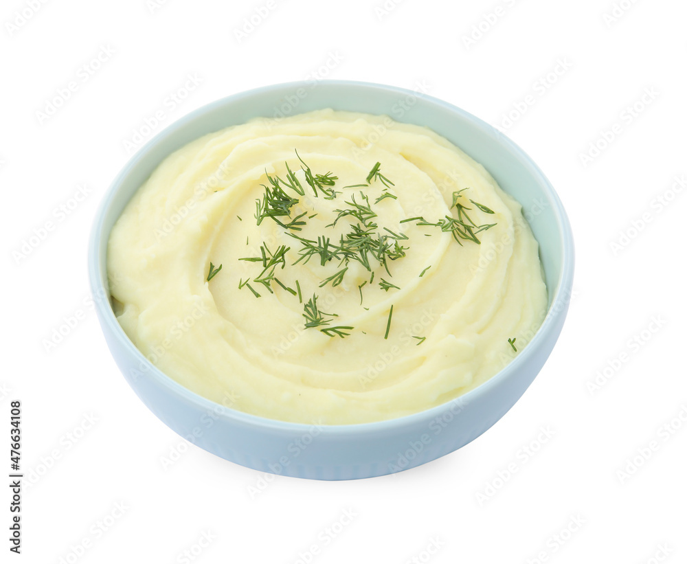 Bowl with freshly cooked homemade mashed potatoes isolated on white