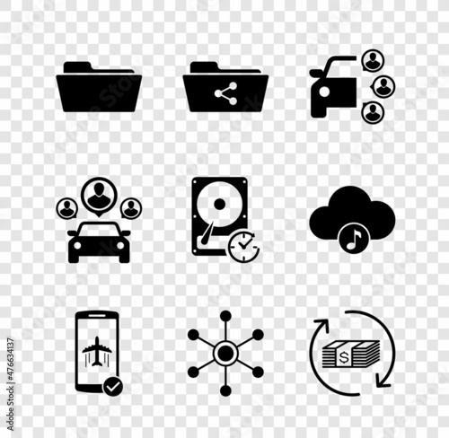 Set Folder, Share folder, Car sharing, Flight mode the mobile, Network and Refund money icon. Vector