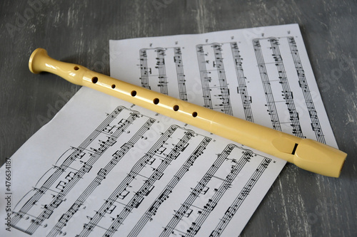 Music sheets and a recorder
