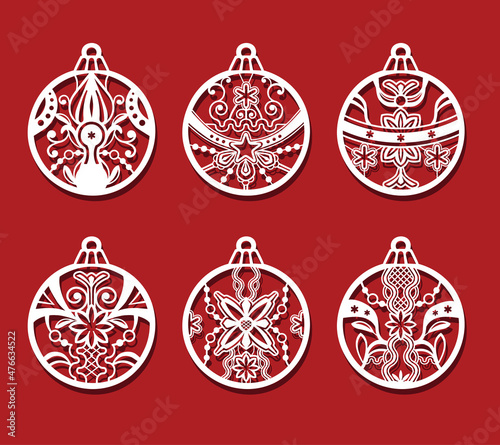 Christmas ball with star for laser cutting. New Year card in ball shape.