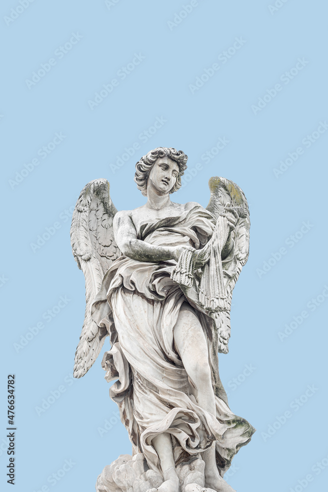 Cover page with statue of a beautiful holy angel with wings at the Saint Angel bridge at blue sky solid background, Rome, Italy, with copy space.