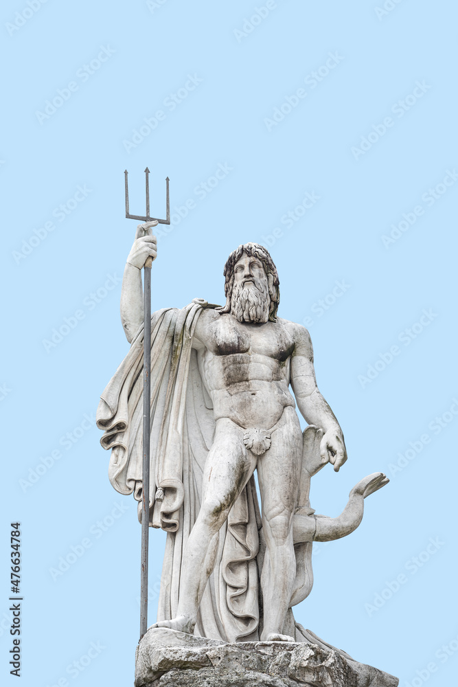 Fototapeta premium Cover page with statue of Neptune at Piazza del Popolo at blue sky solid background, Rome, Italy, with copy space.