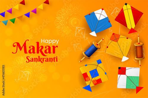 happy makar sankranti festival sale banner design in yellow with kites vector illustration photo