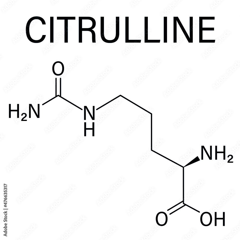 Citrulline amino acid molecule. Present in some athletic dietary supplements. Skeletal formula. Citrulline amino acid molecule. Present in some athletic dietary supplements. Skeletal formula.