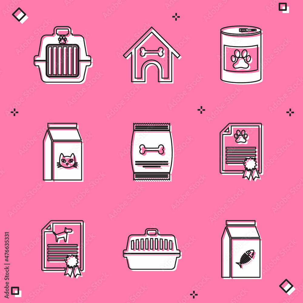 Set Pet carry case, Dog house and bone, Canned food, Bag of for cat, pet and Certificate dog icon. Vector Set Pet carry case, Dog house and bone, Canned food, Bag of for cat, pet and Certificate dog icon. Vector