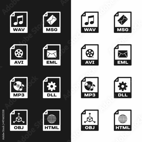 Set EML file document, AVI, WAV, MSG, MP3 and DLL icon. Vector