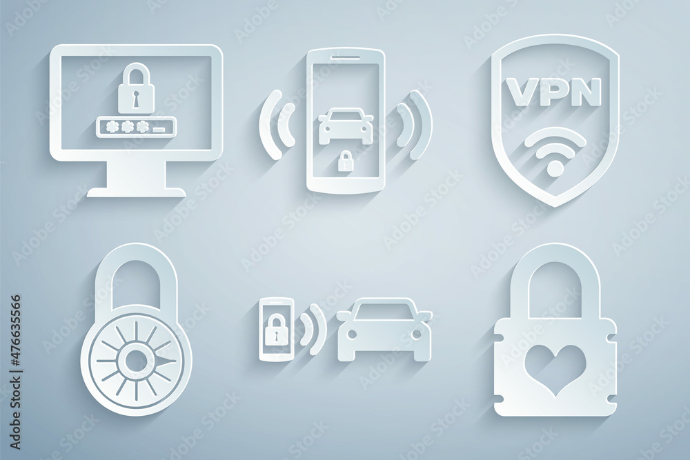 Set Smart car alarm system, Shield with VPN wireless, Safe combination lock wheel, Padlock heart, and Monitor password icon. Vector Set Smart car alarm system, Shield with VPN wireless, Safe combination lock wheel, Padlock heart, and Monitor password icon. Vector