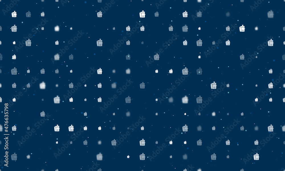 Seamless background pattern of evenly spaced white juicer symbols of different sizes and opacity. Vector illustration on dark blue background with stars Seamless background pattern of evenly spaced white juicer symbols of different sizes and opacity. Vector illustration on dark blue background with stars