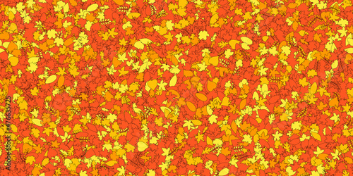Vector background with red, orange and yellow falling autumn leaves. Abstract seamless pattern from different leafs. Many small leaves. Vector illustration on deep orange background