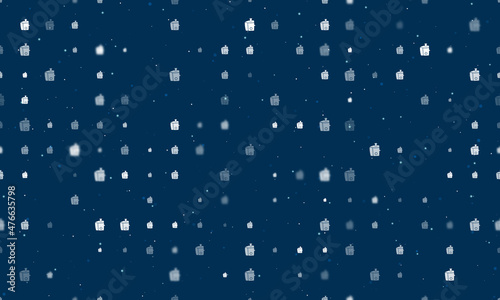 Seamless background pattern of evenly spaced white juicer symbols of different sizes and opacity. Vector illustration on dark blue background with stars
