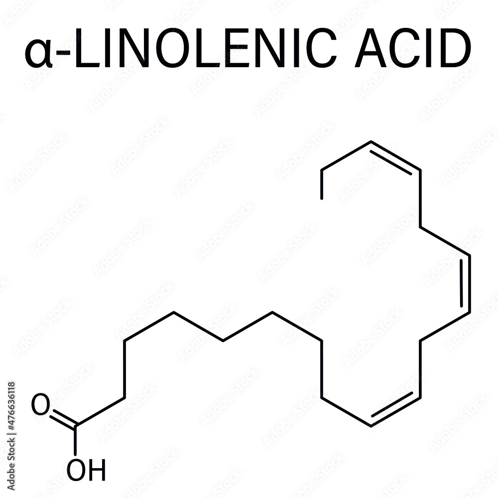 Alpha-linolenic acid or ALA molecule. Essential polyunsaturated omega-3 fatty acid, present in many vegetable oils. Skeletal formula. Alpha-linolenic acid or ALA molecule. Essential polyunsaturated omega-3 fatty acid, present in many vegetable oils. Skeletal formula.