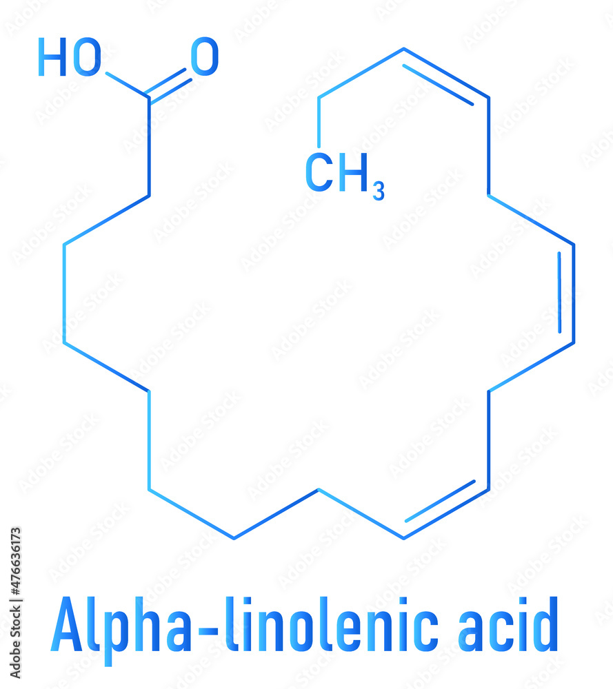 Alpha-linolenic acid or ALA molecule. Essential polyunsaturated omega-3 ...