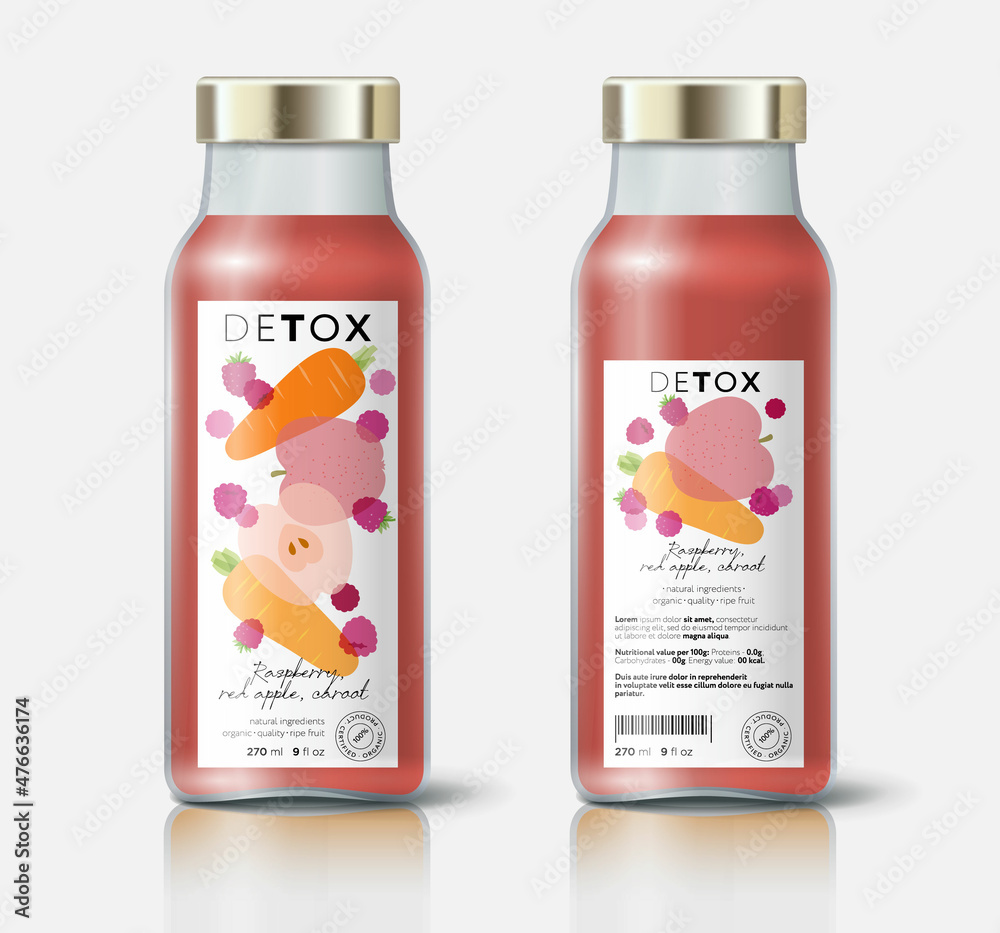 Fruit, vegetables and ginger detox. Apple, carrot and raspberry mix. Beautiful transparency whole and cut fruits. Bottle template with face and back labels. Fruit, vegetables and ginger detox. Apple, carrot and raspberry mix. Beautiful transparency whole and cut fruits. Bottle template with face and back labels.
