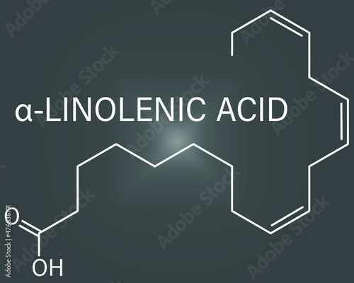 Alpha-linolenic acid or ALA molecule. Essential polyunsaturated omega-3 fatty acid, present in many vegetable oils. Skeletal formula. photo