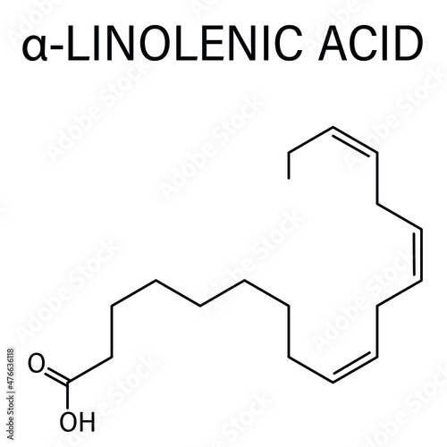 Alpha-linolenic acid or ALA molecule. Essential polyunsaturated omega-3 fatty acid, present in many vegetable oils. Skeletal formula.