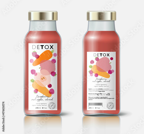 Fruit, vegetables and ginger detox. Apple, carrot and raspberry mix. Beautiful transparency whole and cut fruits. Bottle template with face and back labels.