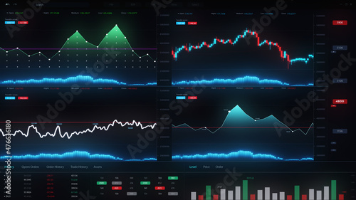 Multiple fake computer interface screen big data analytic science technology. HUD interface, crypto, business finance investment symbol artificial intelligence graph and data analysis concepts.