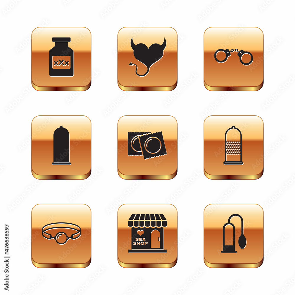 Set Bottle with pills for potency, Silicone ball gag, Sex shop building, Condoms package, safe sex, Handcuffs, Penis pump and Devil heart horns icon. Vector