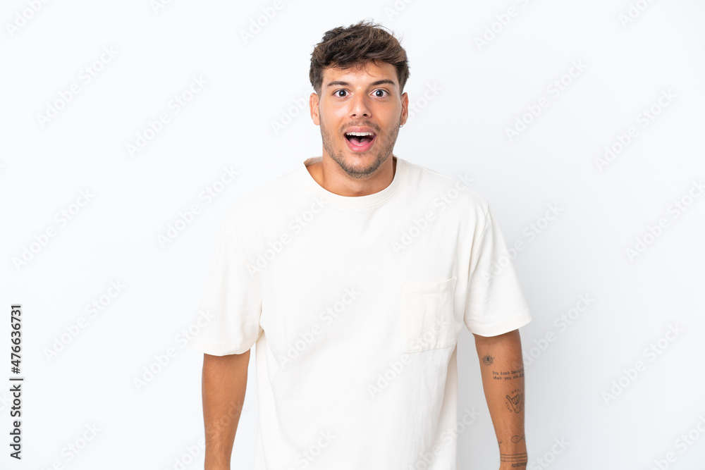 Young caucasian handsome man isolated on white background with surprise facial expression Young caucasian handsome man isolated on white background with surprise facial expression