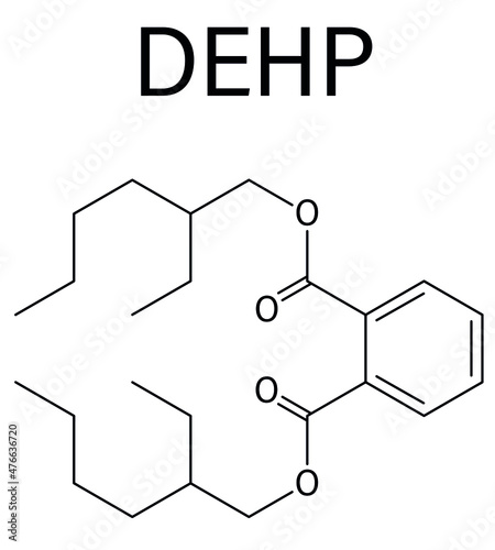 DEHP (Bis(2-ethylhexyl) phthalate, diethylhexyl phthalate, dioctyl phthalate, DOP) plasticizer molecule. Skeletal formula.
