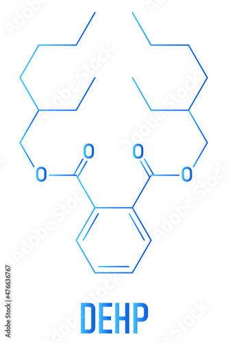 DEHP (Bis(2-ethylhexyl) phthalate, diethylhexyl phthalate, dioctyl phthalate, DOP) plasticizer molecule. Skeletal formula.
