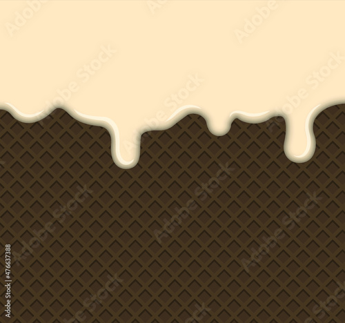 Vector illustration. Milk white chocolate melted on brown waffle cone background