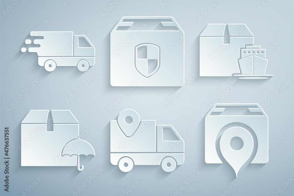Set Delivery tracking, Cargo ship with boxes, package umbrella, Location cardboard, security shield and truck movement icon. Vector Set Delivery tracking, Cargo ship with boxes, package umbrella, Location cardboard, security shield and truck movement icon. Vector