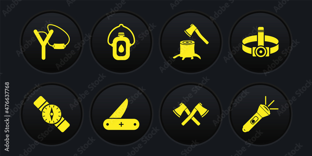 Set Compass, Head flashlight, Swiss army knife, Crossed wooden axe, Wooden in stump, Canteen water bottle, Flashlight and Slingshot icon. Vector Set Compass, Head flashlight, Swiss army knife, Crossed wooden axe, Wooden in stump, Canteen water bottle, Flashlight and Slingshot icon. Vector