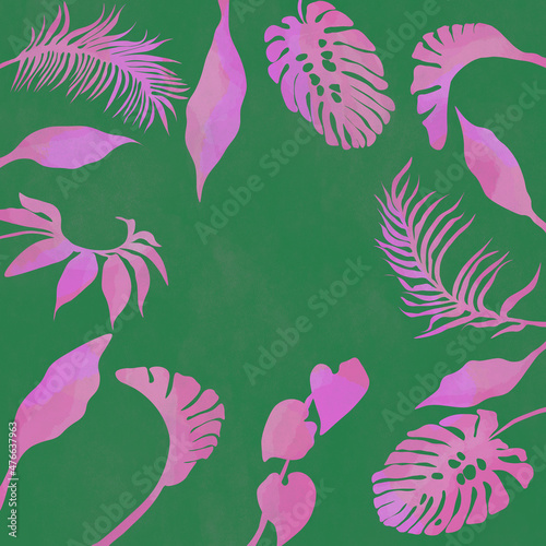 Ilustracja motyw roślinny różowe liście na zielonym tle